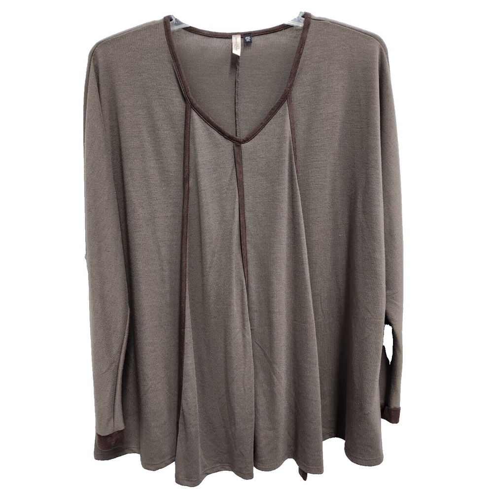 Rhonda Shear Womens Minimalist Tunic Top 2X Brown Faux Suede‎ Trim Long Sleeve